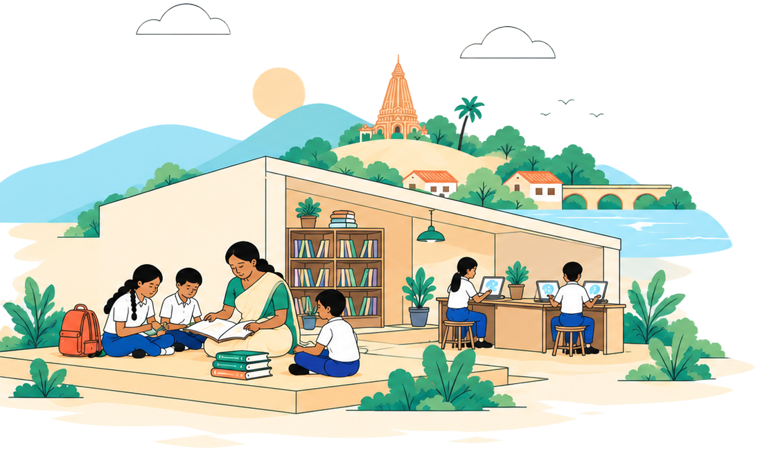 A classroom scene with a teacher reading to children and students working on laptops