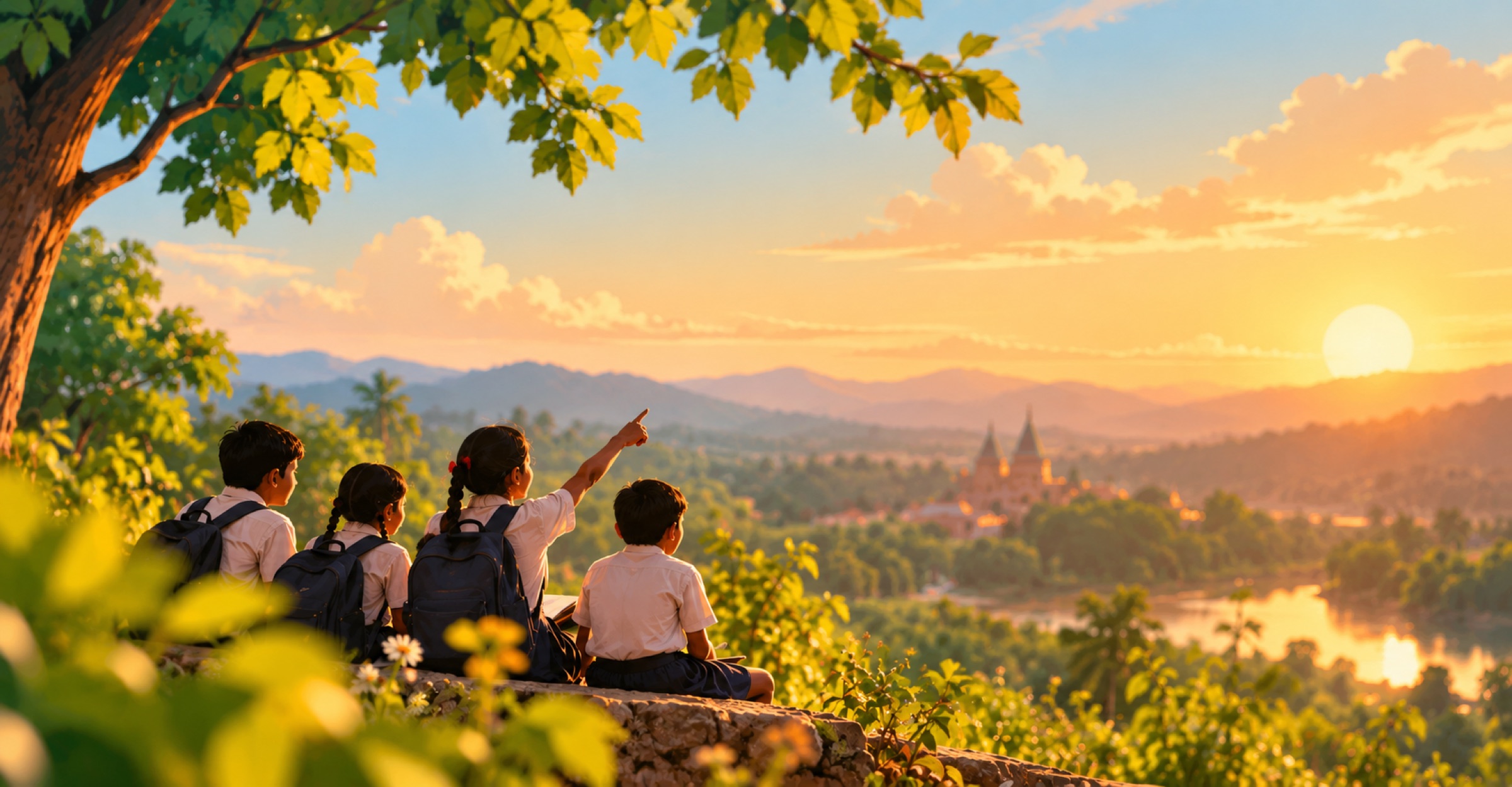 Children sitting on a hillside overlooking a sunlit valley