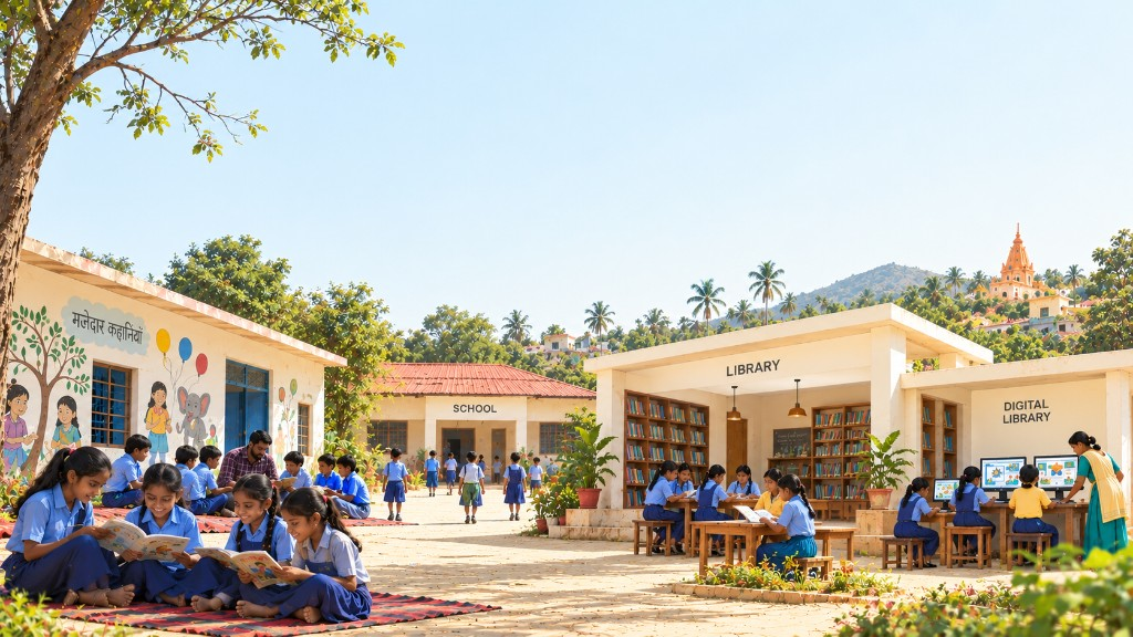 Children reading under a tree beside a school, library, and digital library in a rural landscape
