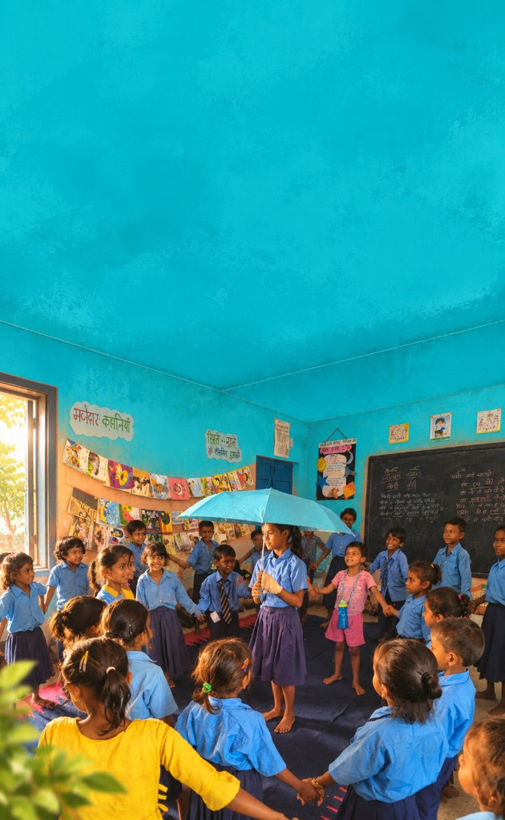 Schoolgirls walking toward a mountain village with books
